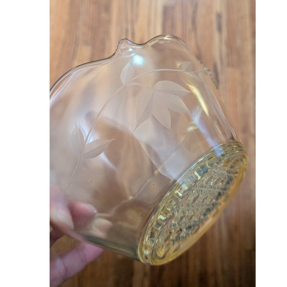 Vintage Lancaster Yellow Uranium Glass Bowl Etched Leaf Pattern Double Handle - Picture 6 of 8